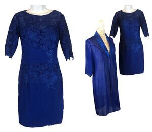 NWT Love Myth evening lace & ruched dress & sheer coat blue size small